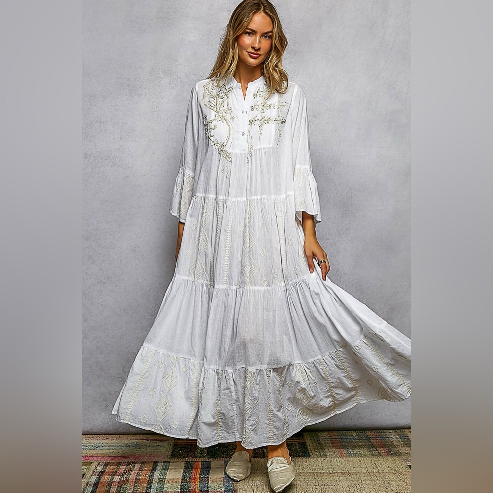 POL Embroidered Tiered Maxi Dress 🤍 Ivory | Boho Floral Dress | Cottagecore🛍️